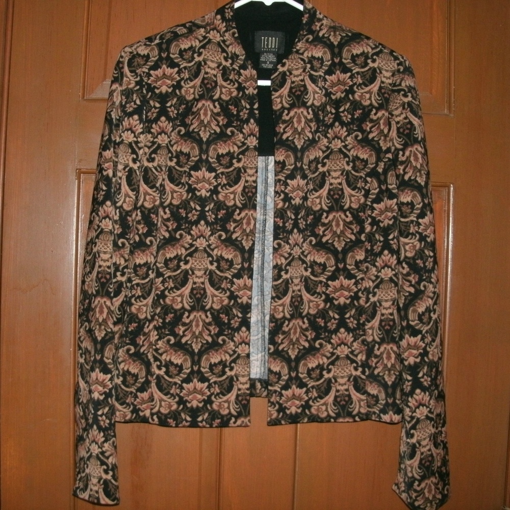 Vintage 90s Blazer Open Front Damask Tapestry Jacket Black Tan Size 8